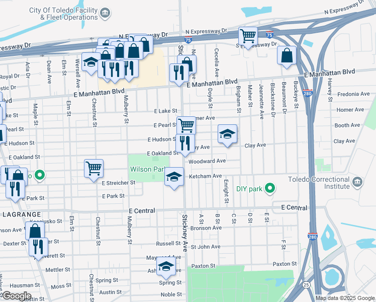 map of restaurants, bars, coffee shops, grocery stores, and more near 816 Woodward Avenue in Toledo
