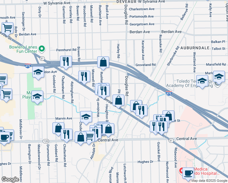 map of restaurants, bars, coffee shops, grocery stores, and more near 3346 Wyckliffe Parkway in Toledo
