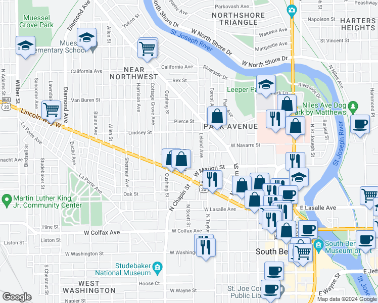 map of restaurants, bars, coffee shops, grocery stores, and more near 509 Leland Avenue in South Bend