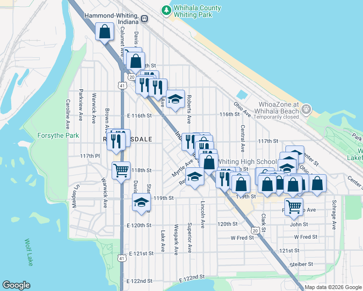 map of restaurants, bars, coffee shops, grocery stores, and more near 1725-1737 Lincoln Avenue in Whiting