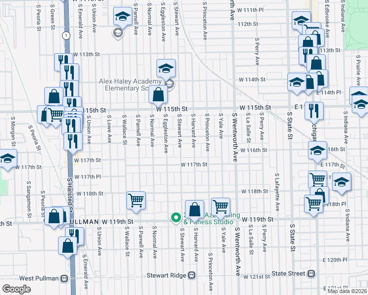 map of restaurants, bars, coffee shops, grocery stores, and more near 11644 South Harvard Avenue in Chicago
