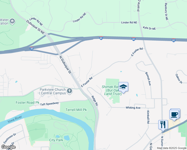 map of restaurants, bars, coffee shops, grocery stores, and more near 22 Ridgewood Lane in Iowa City