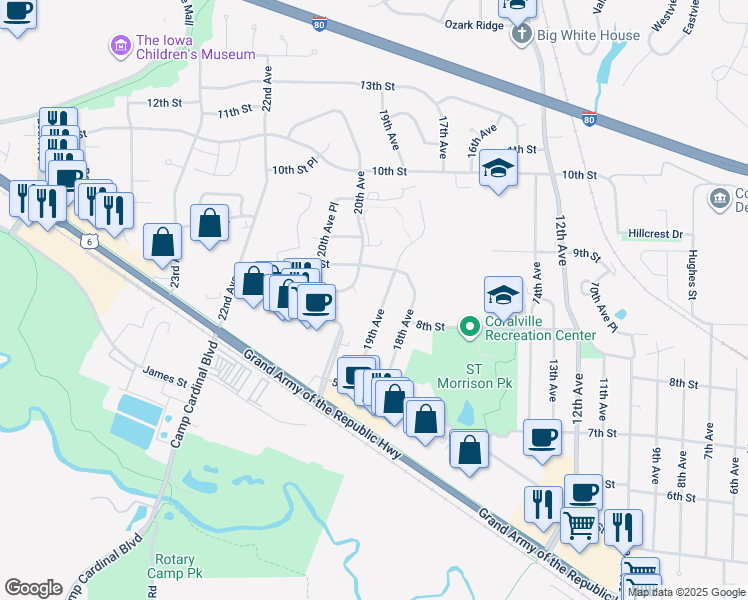 map of restaurants, bars, coffee shops, grocery stores, and more near 717-719 19th Avenue in Coralville