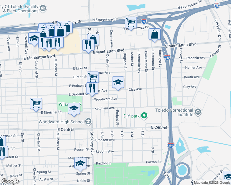 map of restaurants, bars, coffee shops, grocery stores, and more near 1020 Woodward Avenue in Toledo