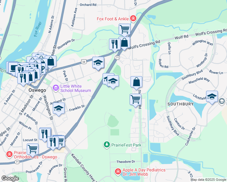 map of restaurants, bars, coffee shops, grocery stores, and more near 4250 Illinois 71 in Oswego