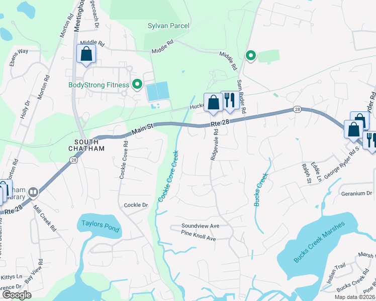 map of restaurants, bars, coffee shops, grocery stores, and more near 44 Shannon Lane in Chatham