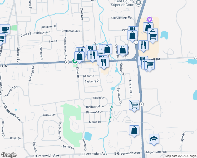 map of restaurants, bars, coffee shops, grocery stores, and more near 78 Monterey Drive in West Warwick