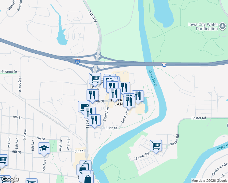 map of restaurants, bars, coffee shops, grocery stores, and more near 925 East 2nd Avenue in Coralville