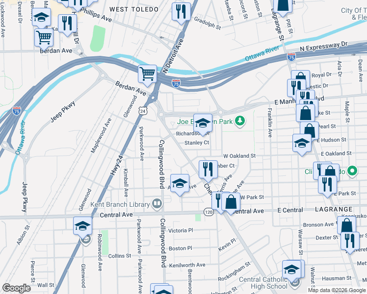 map of restaurants, bars, coffee shops, grocery stores, and more near 3302 Cherry Street in Toledo