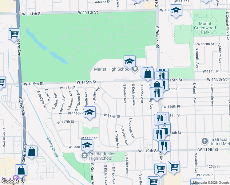 map of restaurants, bars, coffee shops, grocery stores, and more near 11601 South Tripp Avenue in Chicago