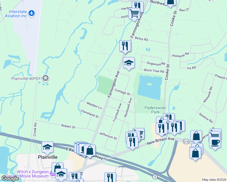 map of restaurants, bars, coffee shops, grocery stores, and more near 178 Farmington Ave in Plainville