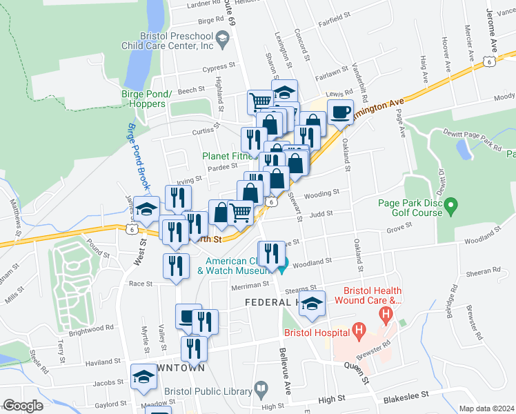 map of restaurants, bars, coffee shops, grocery stores, and more near 2 Burlington Avenue in Bristol