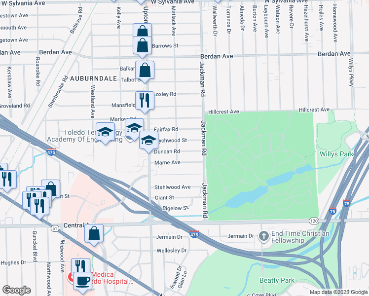 map of restaurants, bars, coffee shops, grocery stores, and more near 1744 Duncan Road in Toledo