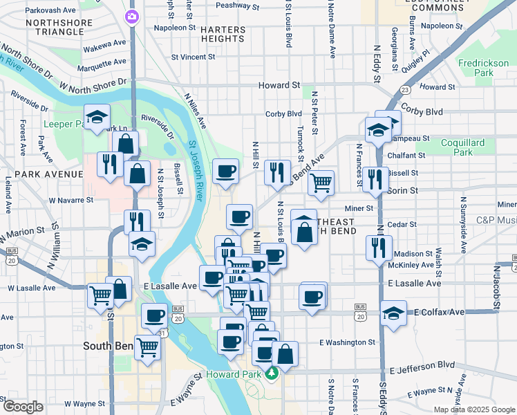 map of restaurants, bars, coffee shops, grocery stores, and more near 601 South Bend Avenue in South Bend
