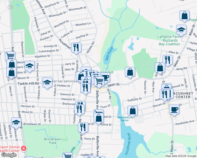 map of restaurants, bars, coffee shops, grocery stores, and more near 55 Mill Road in New Bedford