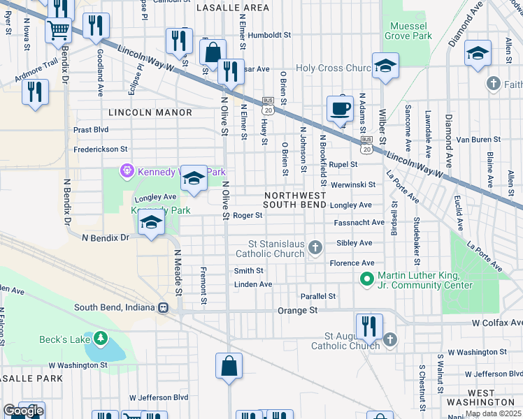 map of restaurants, bars, coffee shops, grocery stores, and more near 2207 Longley Avenue in South Bend