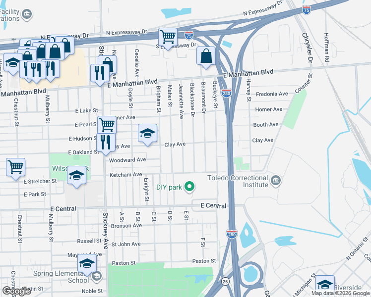 map of restaurants, bars, coffee shops, grocery stores, and more near 3311 Jeannette Avenue in Toledo