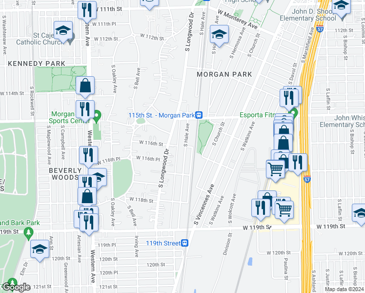 map of restaurants, bars, coffee shops, grocery stores, and more near 11560 South Hale Avenue in Chicago