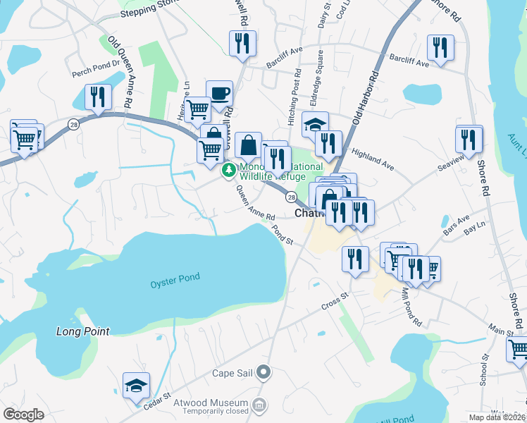map of restaurants, bars, coffee shops, grocery stores, and more near 17 Adams Lane in Chatham