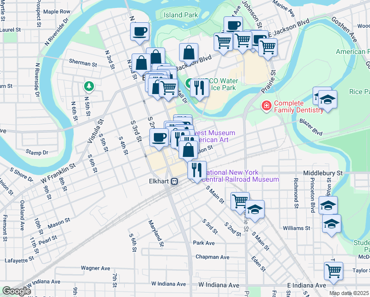 map of restaurants, bars, coffee shops, grocery stores, and more near 416 South Main Street in Elkhart