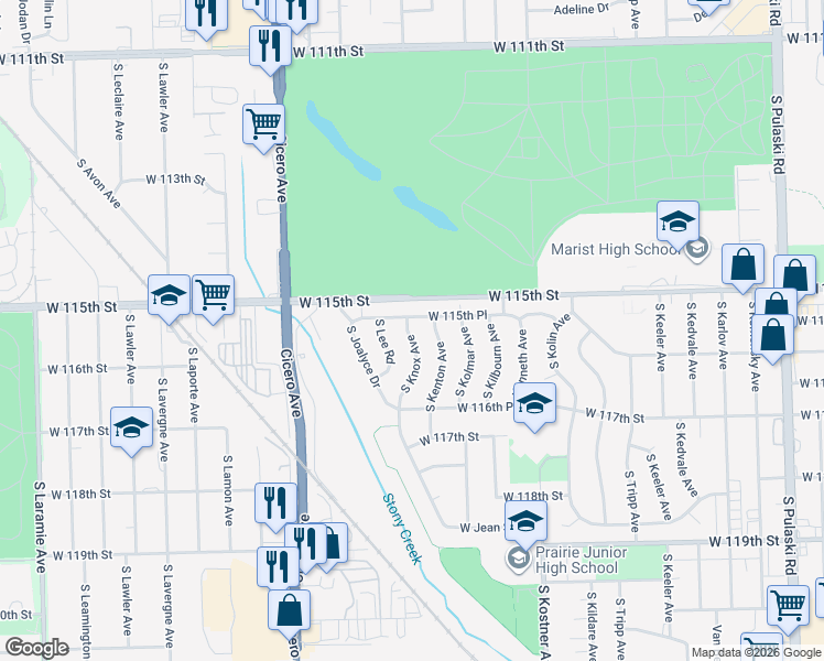 map of restaurants, bars, coffee shops, grocery stores, and more near 11531 South Knox Avenue in Alsip