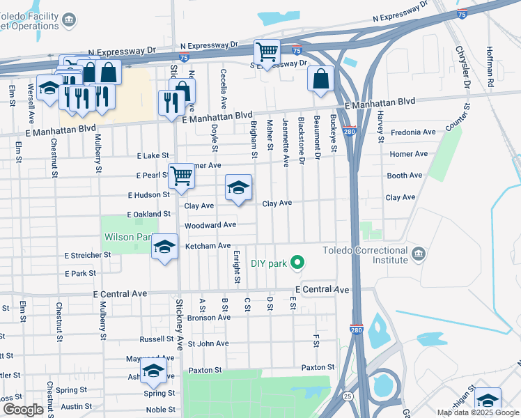 map of restaurants, bars, coffee shops, grocery stores, and more near 3258 Brigham Street in Toledo
