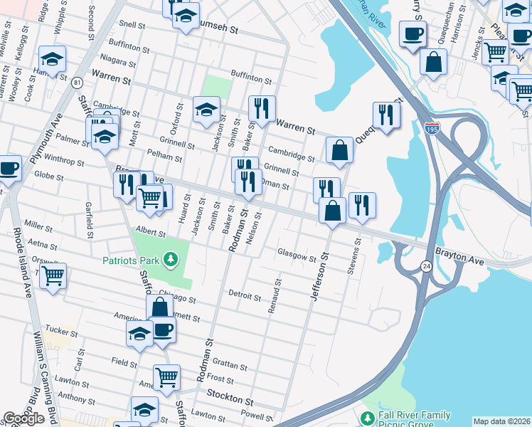 map of restaurants, bars, coffee shops, grocery stores, and more near 42 Boyden Street in Fall River