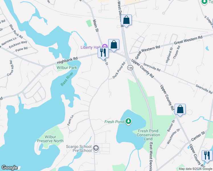 map of restaurants, bars, coffee shops, grocery stores, and more near 359 Main Street in Dennis