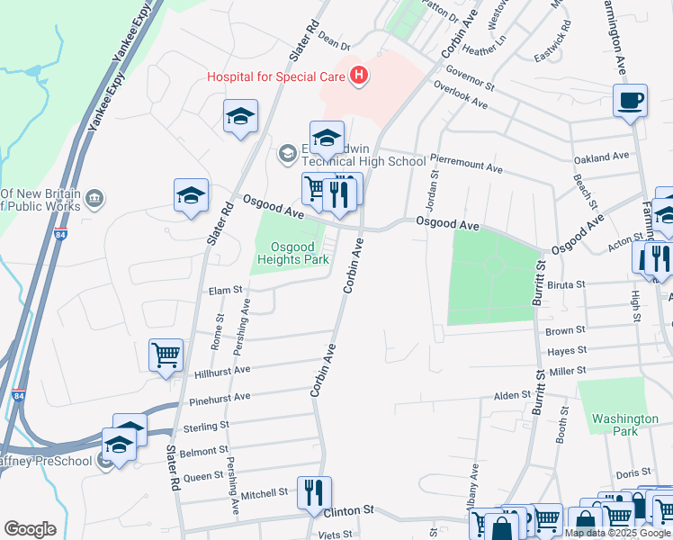 map of restaurants, bars, coffee shops, grocery stores, and more near 33 Elam Street in New Britain