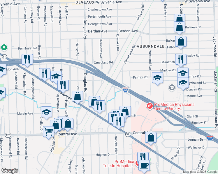 map of restaurants, bars, coffee shops, grocery stores, and more near 3513 Sherbrooke Road in Toledo