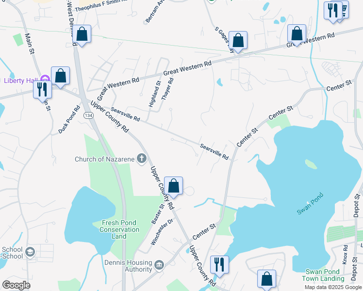map of restaurants, bars, coffee shops, grocery stores, and more near 100 Searsville Road in Dennis