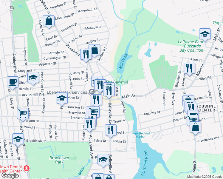 map of restaurants, bars, coffee shops, grocery stores, and more near 55 Mill Road in New Bedford