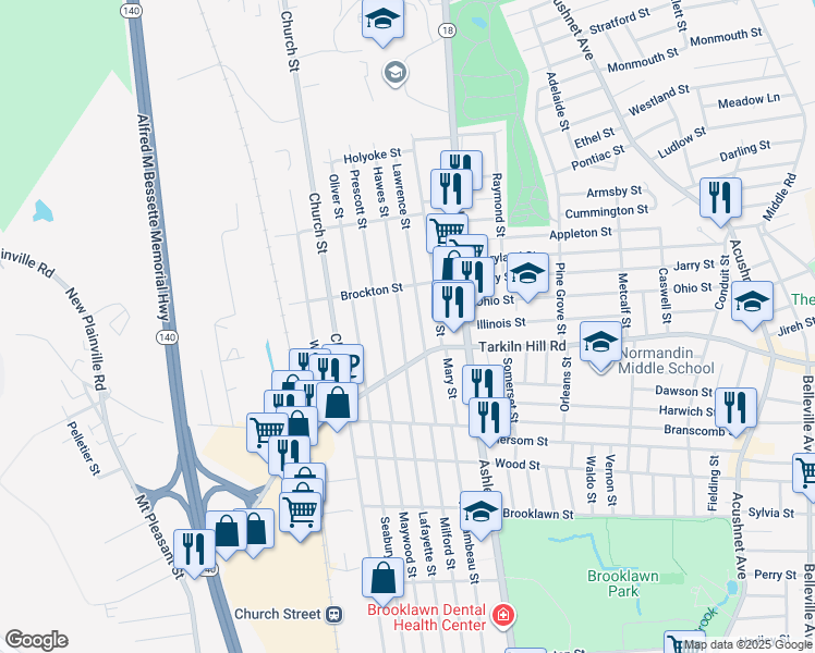 map of restaurants, bars, coffee shops, grocery stores, and more near 396 Hawes Street in New Bedford