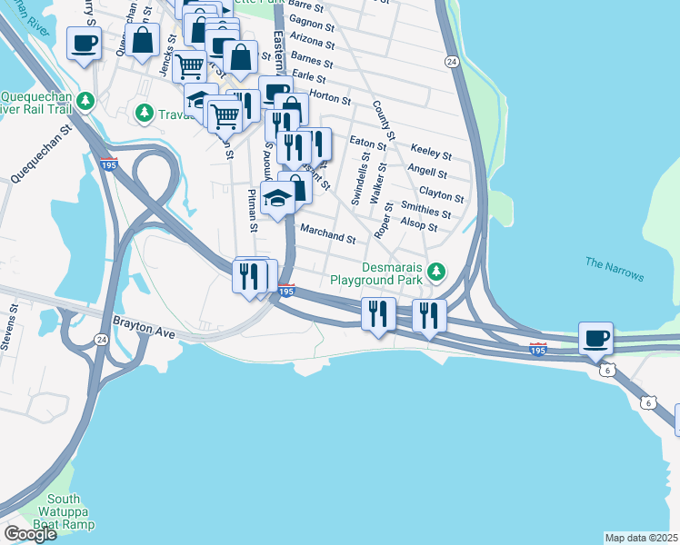 map of restaurants, bars, coffee shops, grocery stores, and more near 162 Jepson Street in Fall River