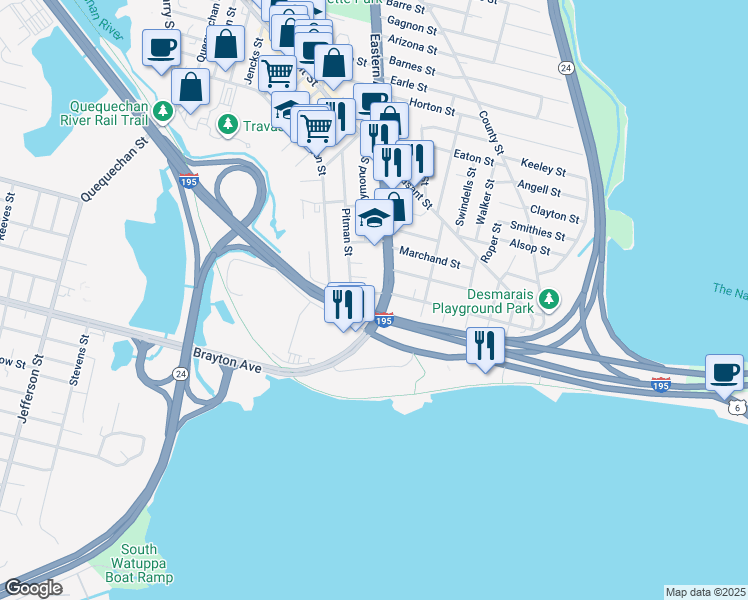 map of restaurants, bars, coffee shops, grocery stores, and more near in Fall River