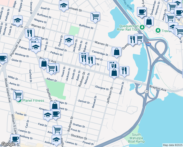 map of restaurants, bars, coffee shops, grocery stores, and more near 42 Boyden Street in Fall River