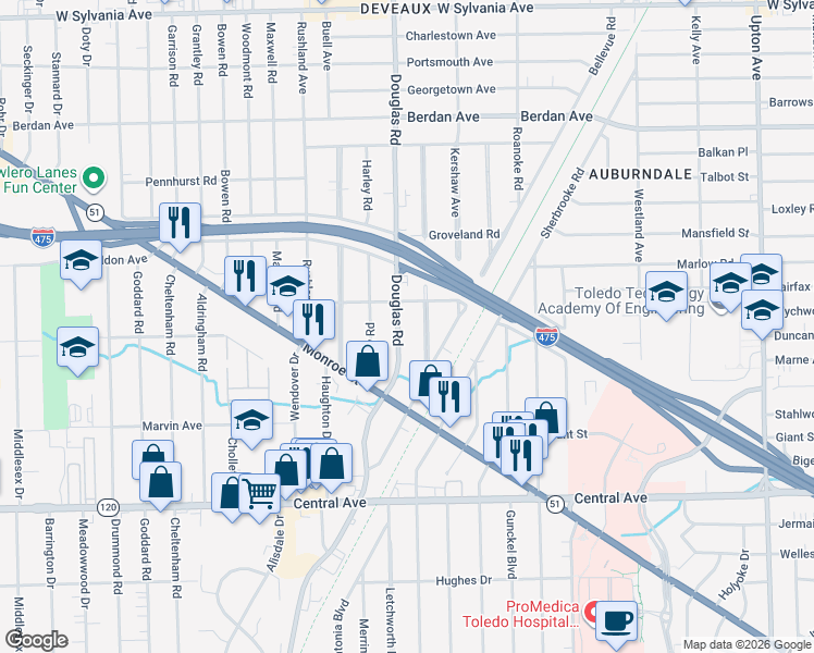 map of restaurants, bars, coffee shops, grocery stores, and more near 3437 Douglas Road in Toledo