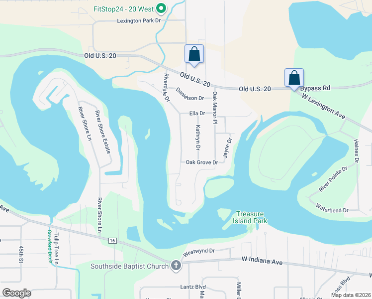 map of restaurants, bars, coffee shops, grocery stores, and more near 55677-55727 Riverdale Drive in Elkhart