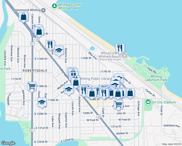 map of restaurants, bars, coffee shops, grocery stores, and more near 1634 Central Avenue in Whiting