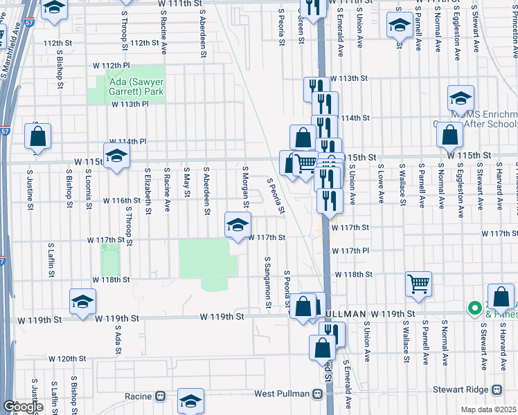 map of restaurants, bars, coffee shops, grocery stores, and more near 11548 South Sangamon Street in Chicago