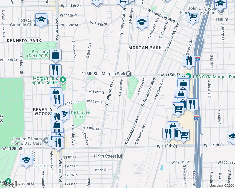 map of restaurants, bars, coffee shops, grocery stores, and more near 11560 South Hale Avenue in Chicago