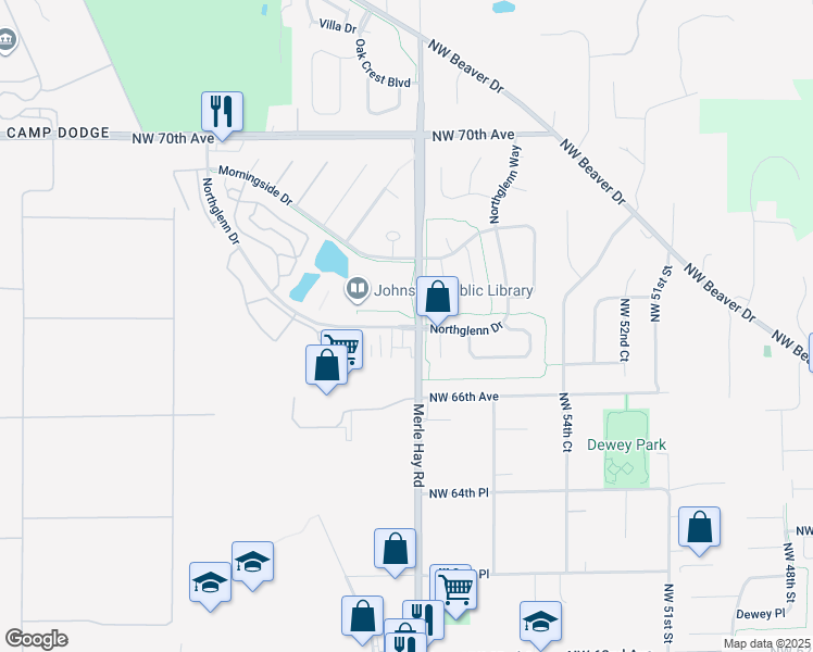 map of restaurants, bars, coffee shops, grocery stores, and more near 6768 Northwest 57th Street in Johnston