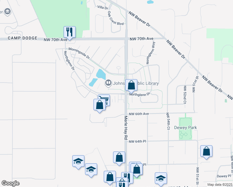 map of restaurants, bars, coffee shops, grocery stores, and more near 6700 Merle Hay Road in Johnston