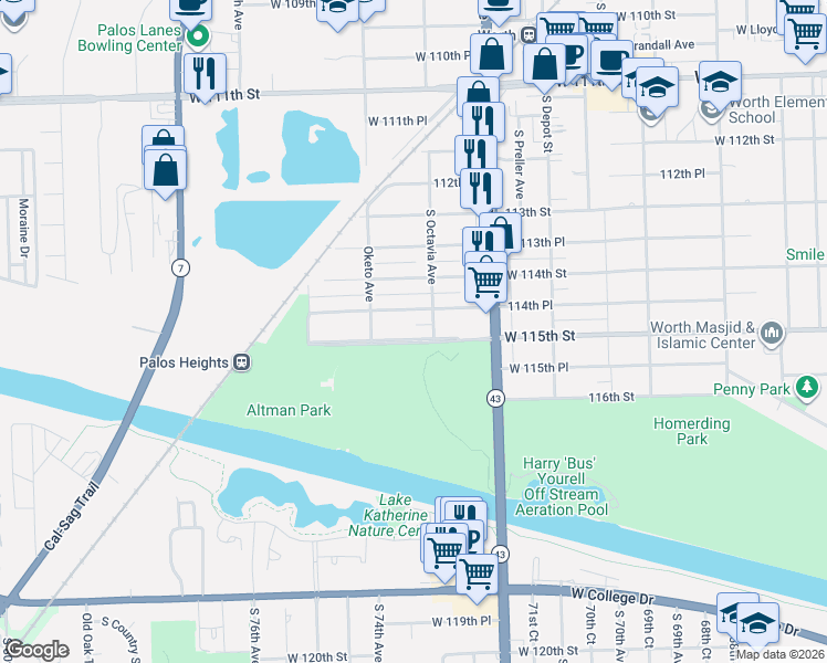 map of restaurants, bars, coffee shops, grocery stores, and more near 7314 West 115th Street in Worth