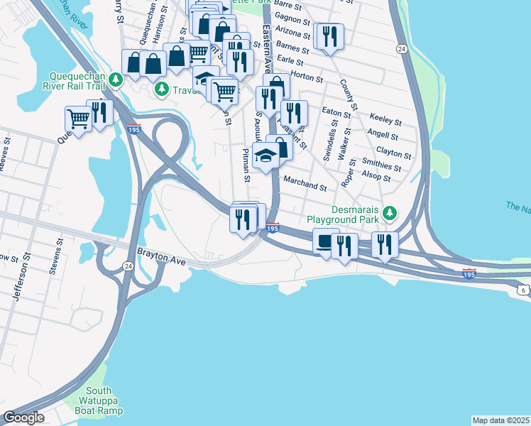 map of restaurants, bars, coffee shops, grocery stores, and more near in Fall River