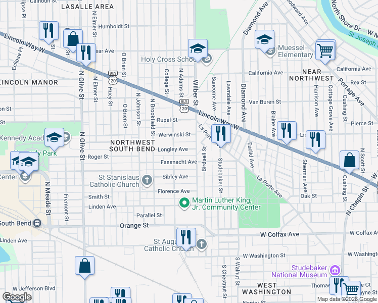 map of restaurants, bars, coffee shops, grocery stores, and more near 645 Wilber Street in South Bend