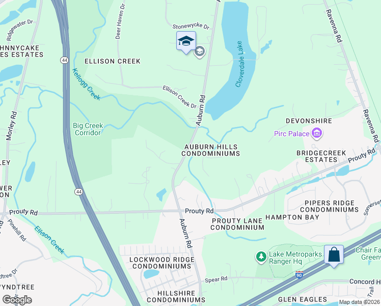 map of restaurants, bars, coffee shops, grocery stores, and more near 6871 Auburn Road in Painesville