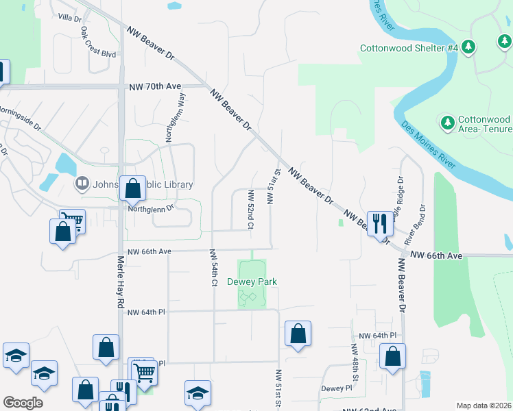 map of restaurants, bars, coffee shops, grocery stores, and more near 6742 Northwest 51st Street in Johnston