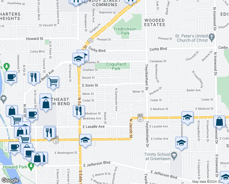 map of restaurants, bars, coffee shops, grocery stores, and more near 525 North Sunnyside Avenue in South Bend
