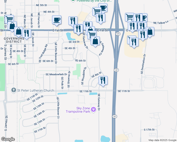 map of restaurants, bars, coffee shops, grocery stores, and more near 700 Southeast Dovetail Road in Grimes